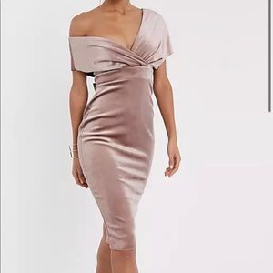ASOS velvet fallen shoulder midi pencil dress